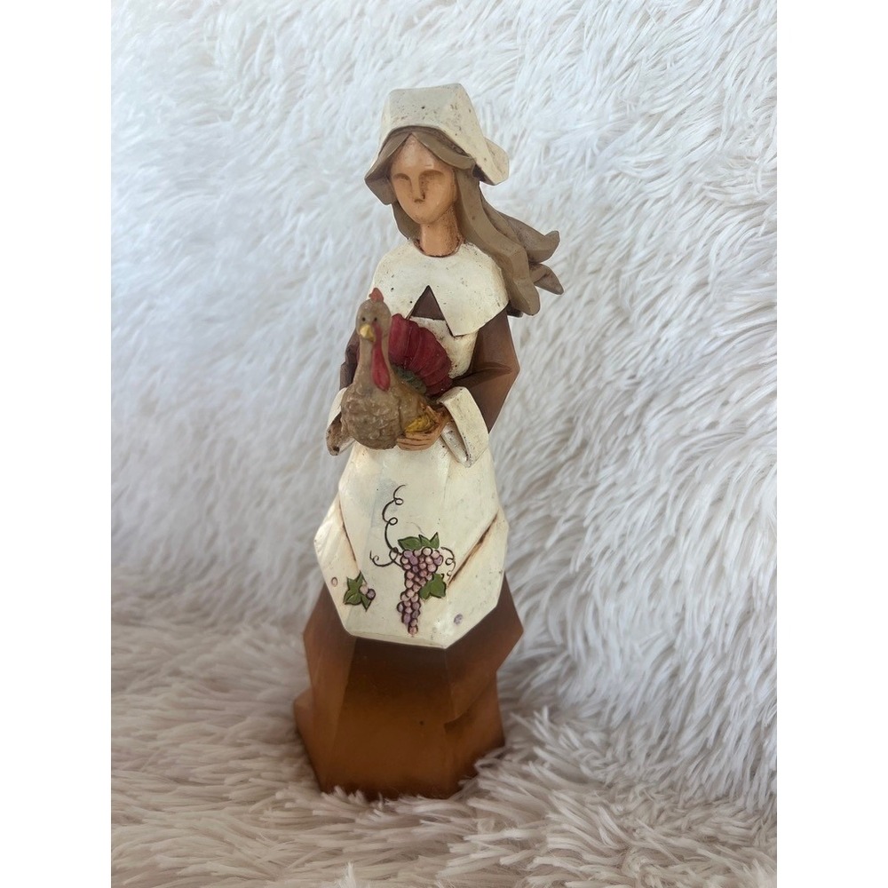 Thanksgiving Harvest Pilgrim Girl Figurine Turkey Grapes‎ Cubist Folk Art 9.5 In